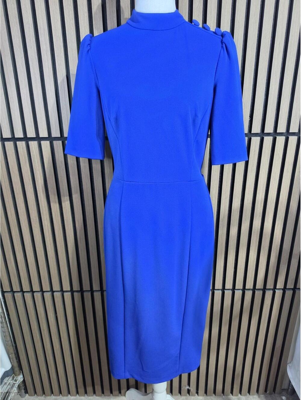 Donna Morgan Blue Knit Sheath Dress 6 Puff Short Sleeve Mock Neck Knee Zip